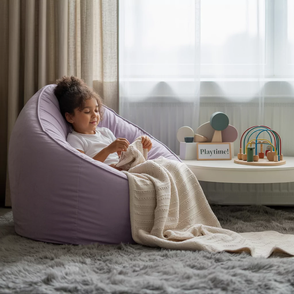 Sensory-friendly corner at home with soft cushions, calming lights and wall-mounted sensory panels creating a cozy space for children to relax and play.