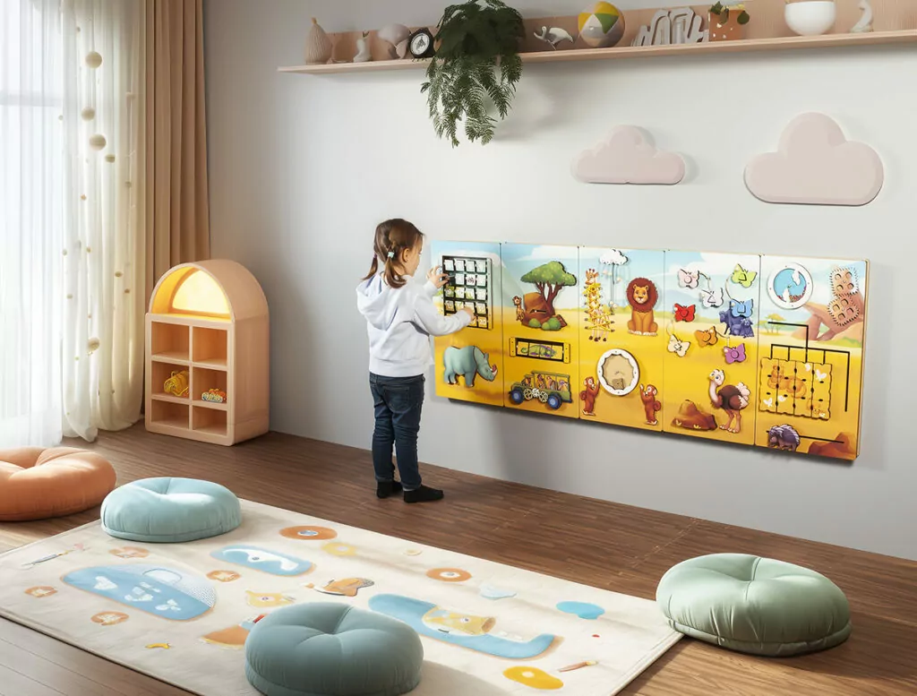 Wall-mounted sensory wall panels with interactive busy board activities for children, designed to support learning, fine motor skills and sensory play.