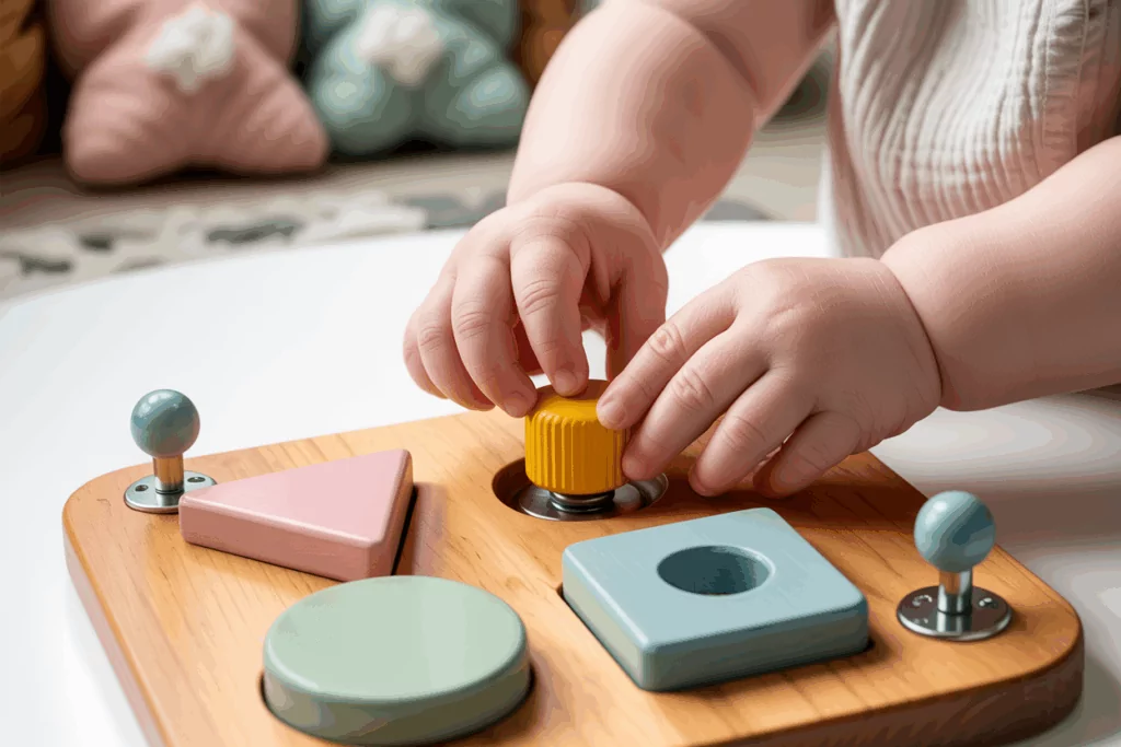 Child playing with a wall-mounted busy board designed for autism therapy, featuring tactile elements and calming colors