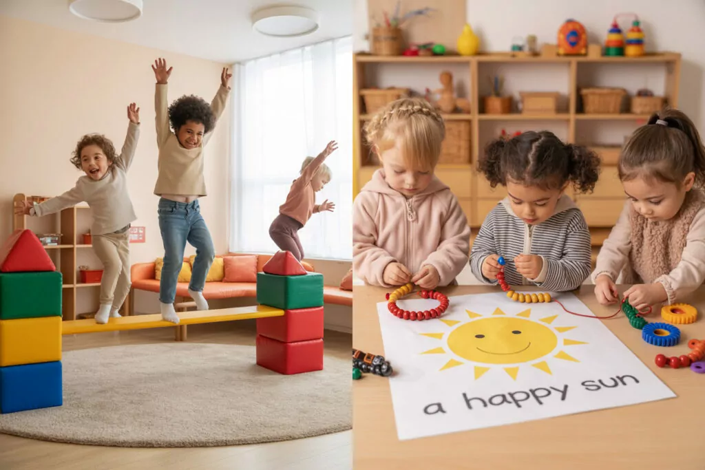 Toddler developing gross and fine motor skills through play - stacking blocks, improving coordination and hand-eye control in early childhood development.