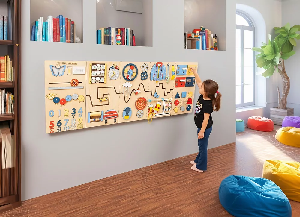 Child engaging with a quiet time sensory busy board during autism therapy, developing focus and fine motor skills in a calm environment
